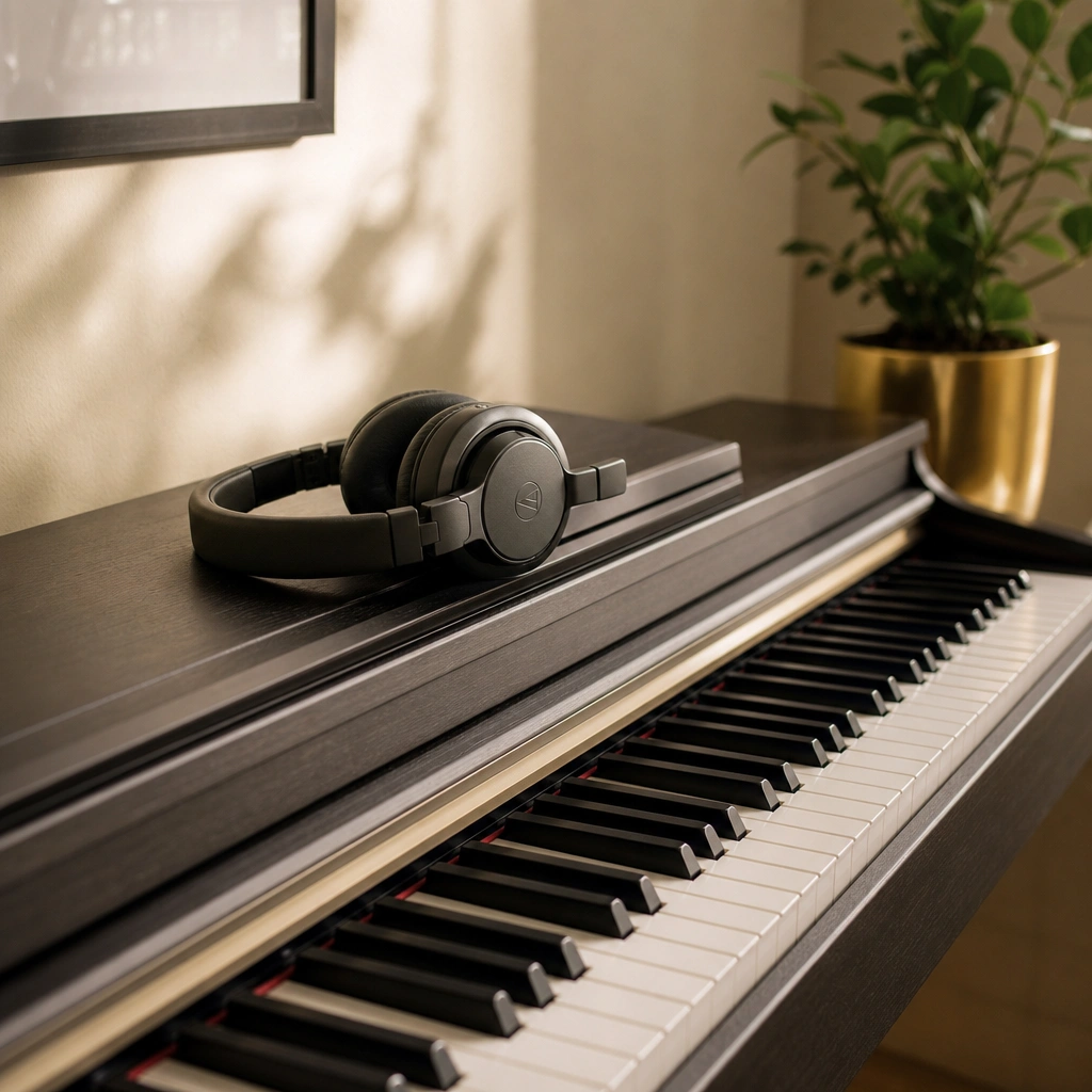 Piano keyboard with headphones in a welcoming practice space for beginner pianists