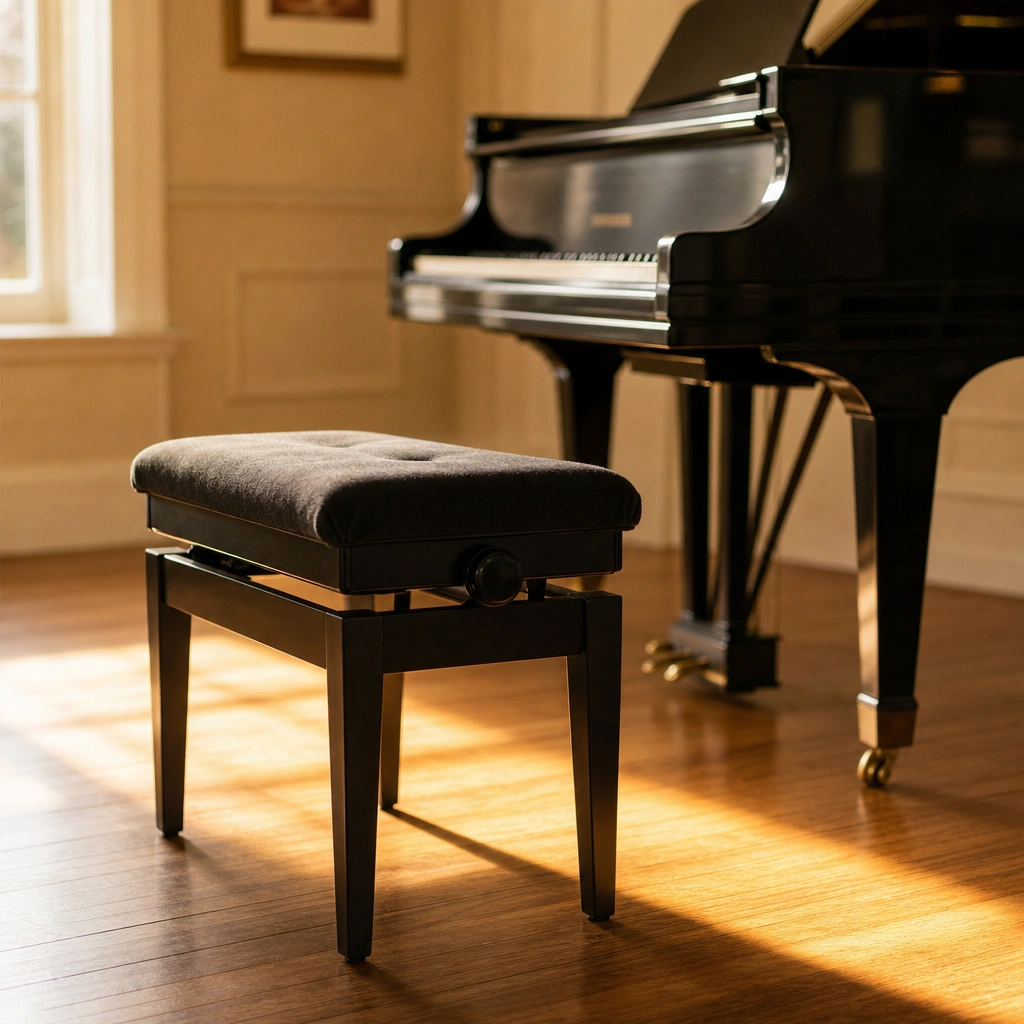 Empty piano bench in sunlit room ready for practice session with beginner songs