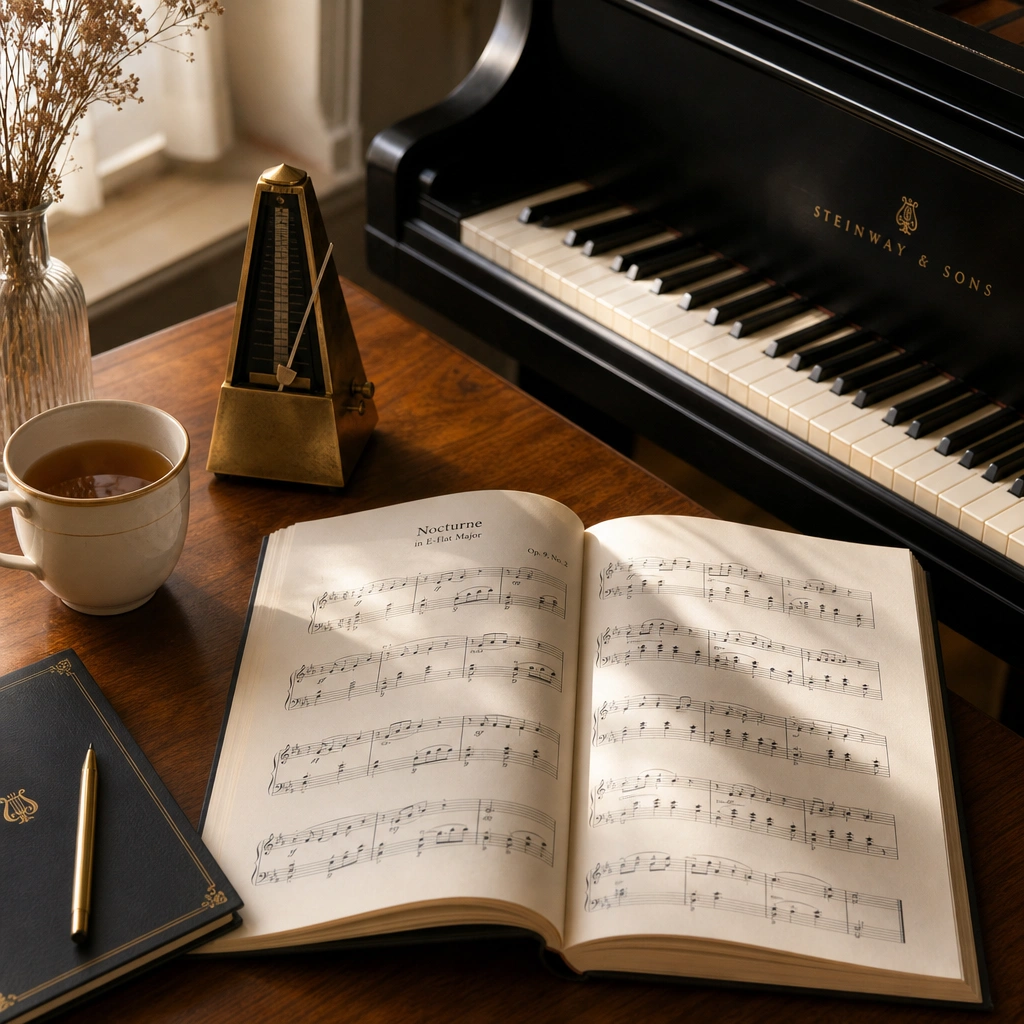 Sheet music and metronome prepared for a free trial piano lesson