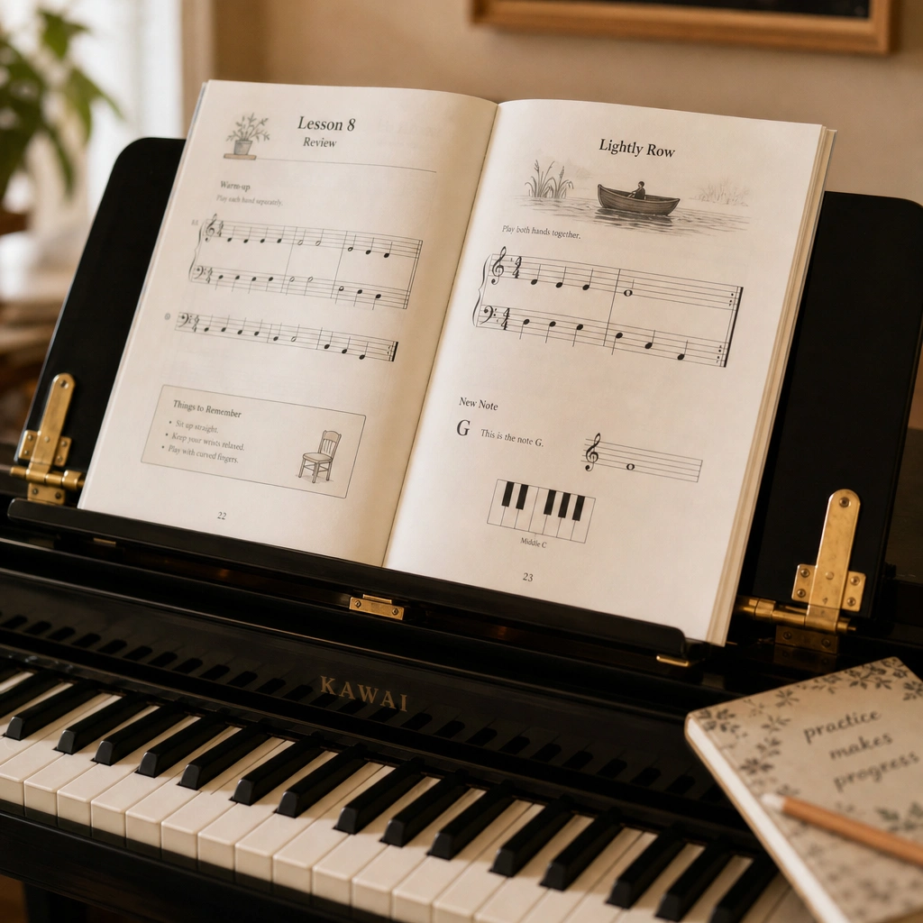 Beginner method book and notebook ready for piano lesson preparation