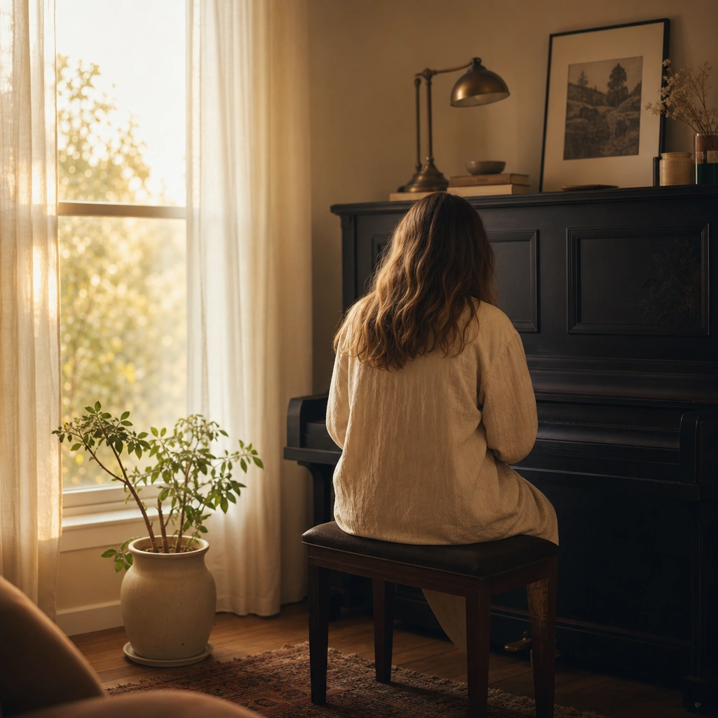Student seated at piano in peaceful studio environment