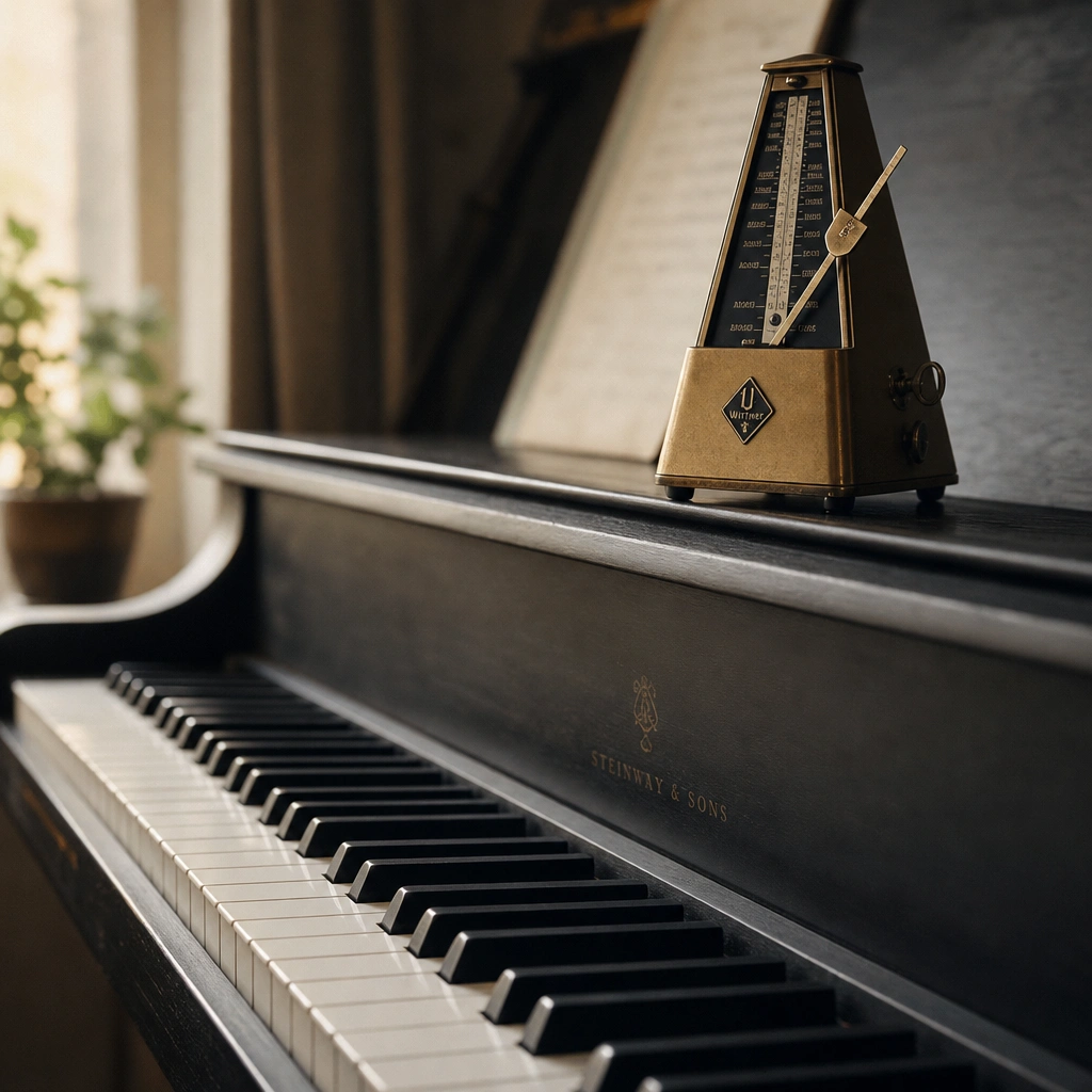 Piano keyboard and metronome illustrating how long should piano lessons be for focused practice