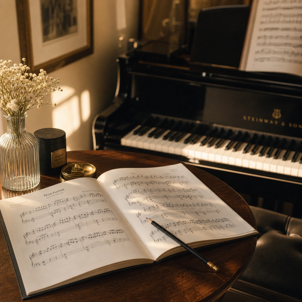 Sheet music and piano suggesting focused lesson time and musical study