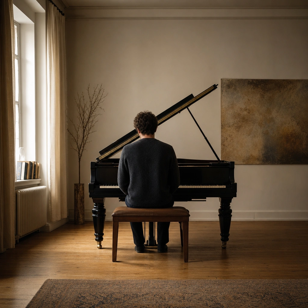 Piano student from behind in a warm studio setting during a focused lesson