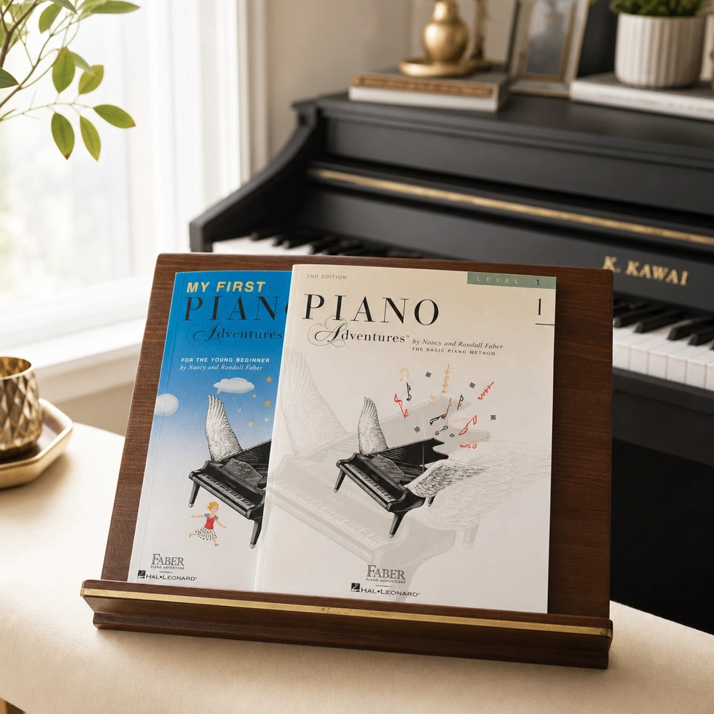 Piano method books on stand illustrating how much do piano lessons cost includes materials