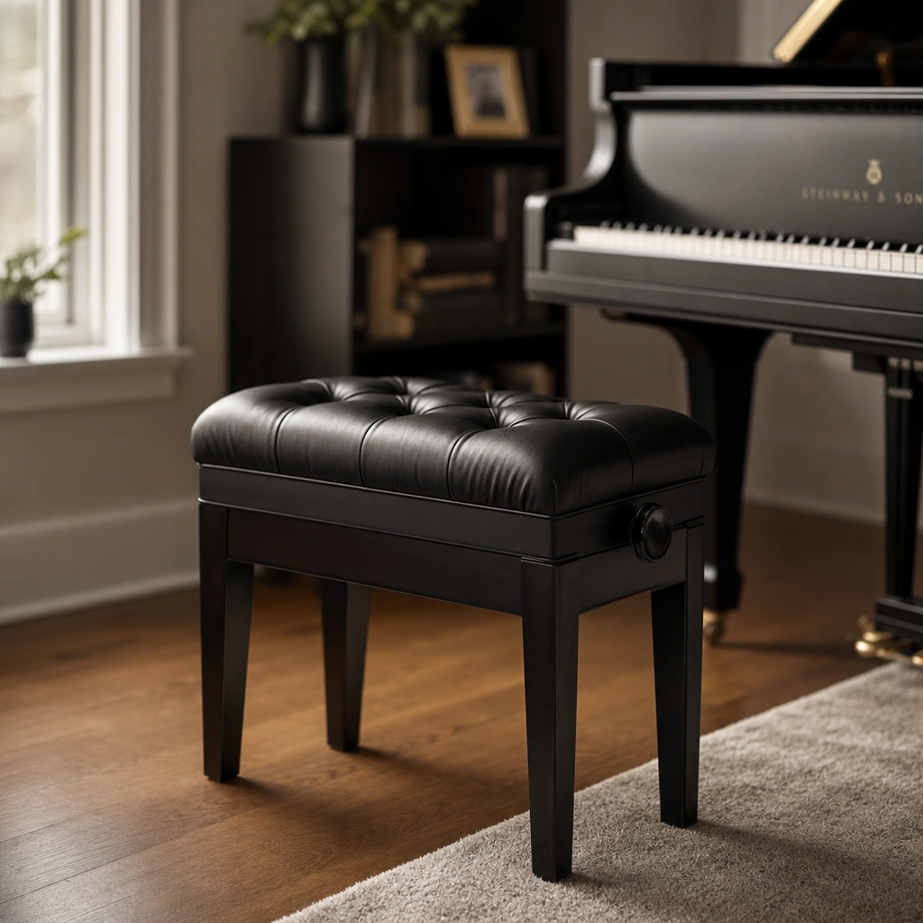 Empty piano bench in teaching studio representing private lesson setting and pricing