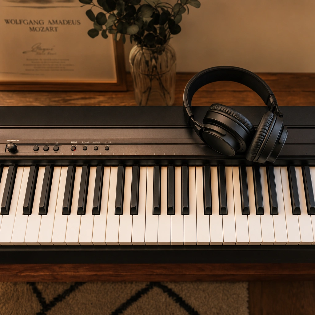 Digital piano with headphones showing home practice setup for piano lessons
