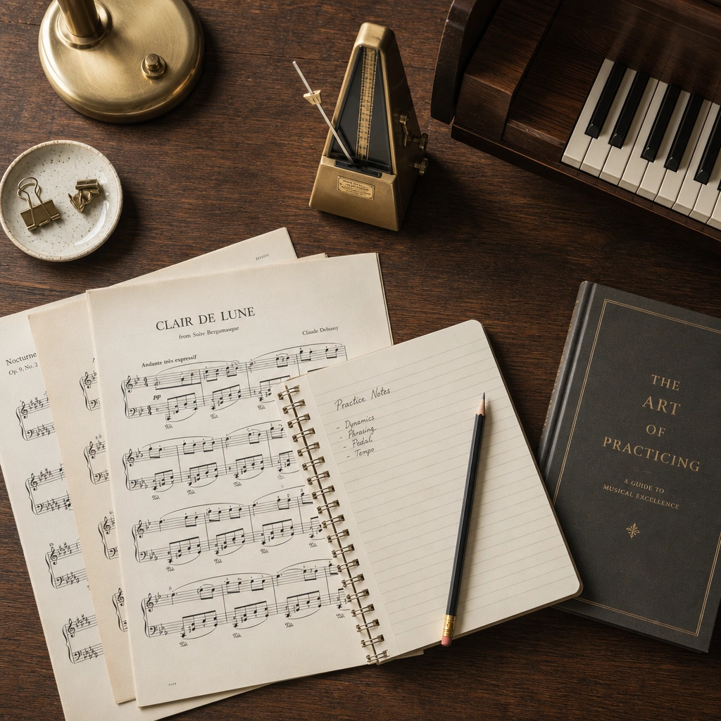 Music lesson materials and sheet music for piano students