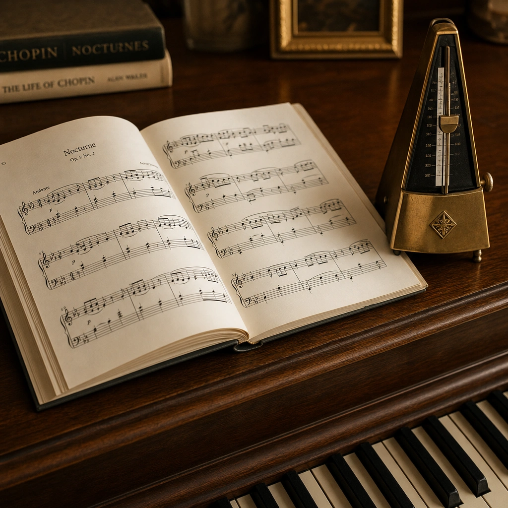 Sheet music and metronome demonstrating how to memorize piano pieces with structured practice