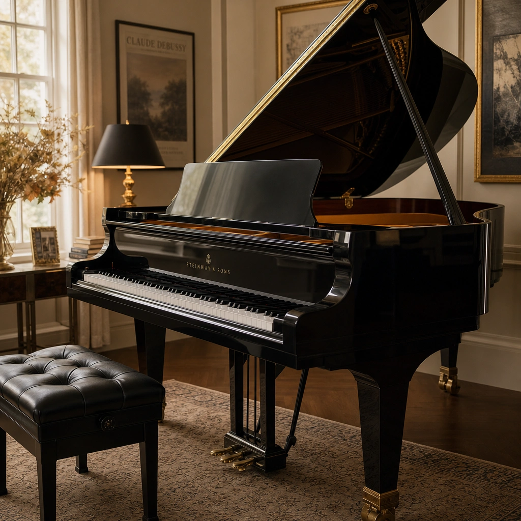 Empty grand piano in a peaceful studio setting perfect for memorization practice