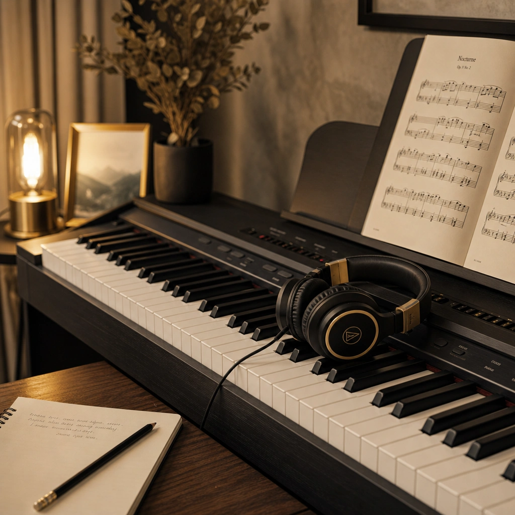Digital piano with headphones and practice notebook for focused memorization work