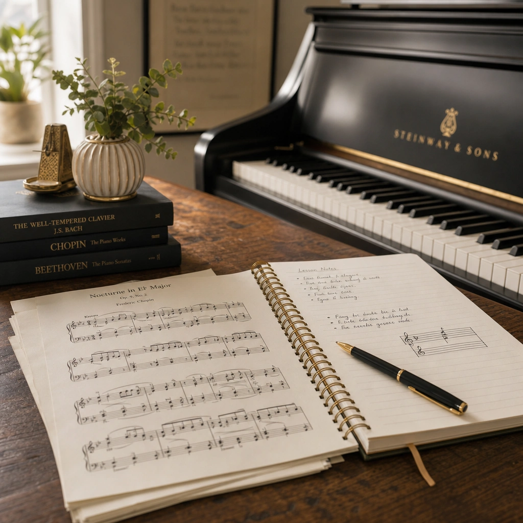 Sheet music on wooden table showing how to switch piano teachers and evaluate progress