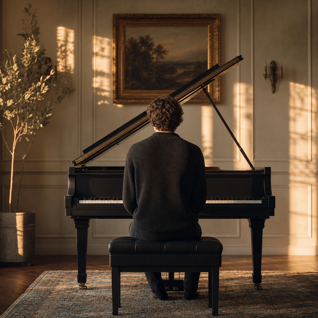 Piano student seated at piano from behind representing finding a new piano teacher
