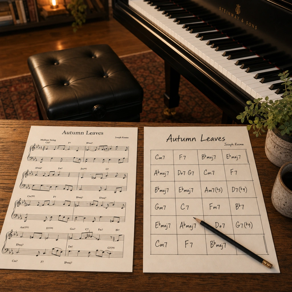 Sheet music and chord charts showing options for learning piano chords or notes first