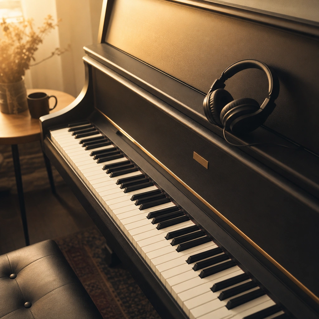 Piano keyboard with headphones in warm studio lighting