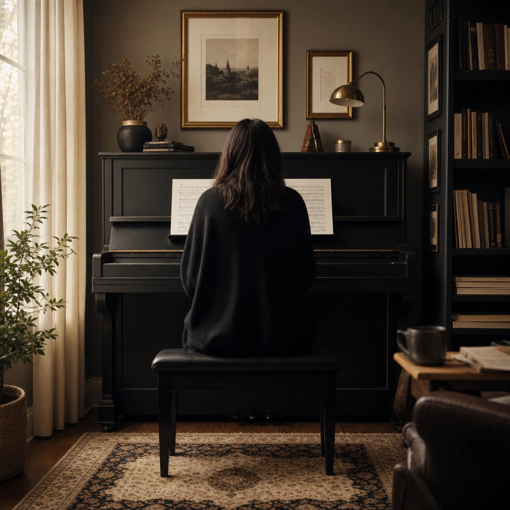 Piano student from behind at distance in comfortable practice space