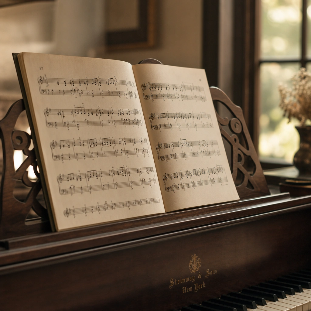 Sheet music on a stand showing traditional notation for those considering to learn piano without reading music
