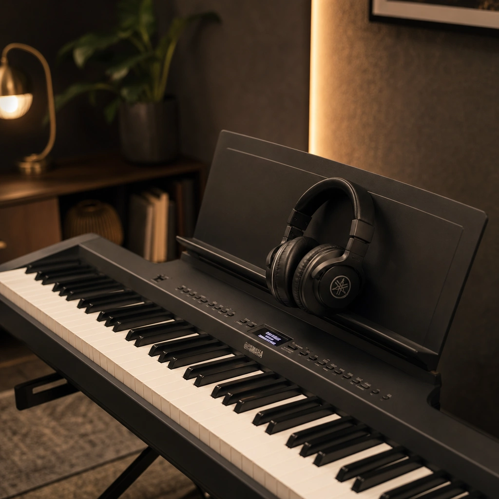 Digital keyboard with headphones in a cozy home studio setup for adult piano learners
