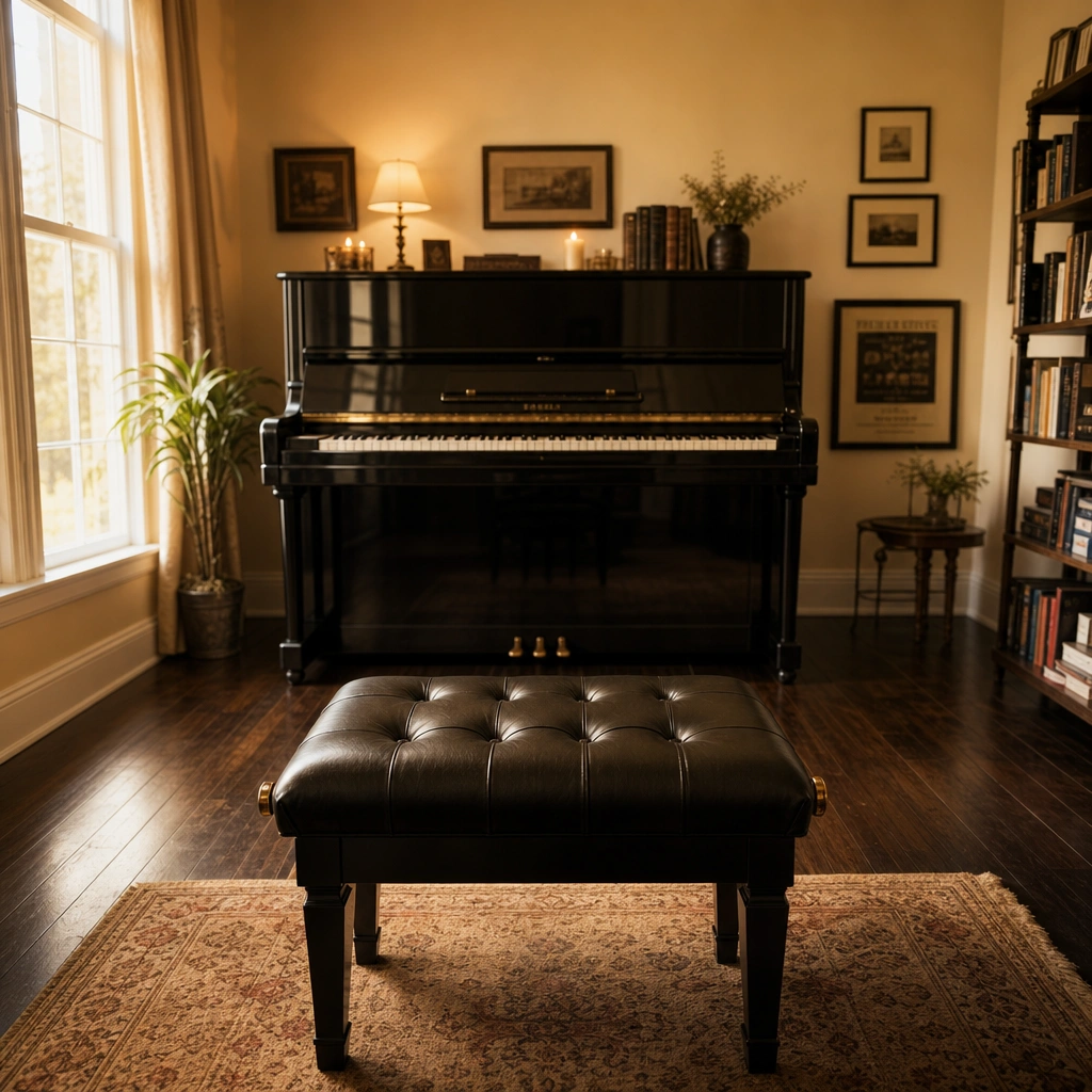 Empty piano bench in a welcoming home studio for adult piano students