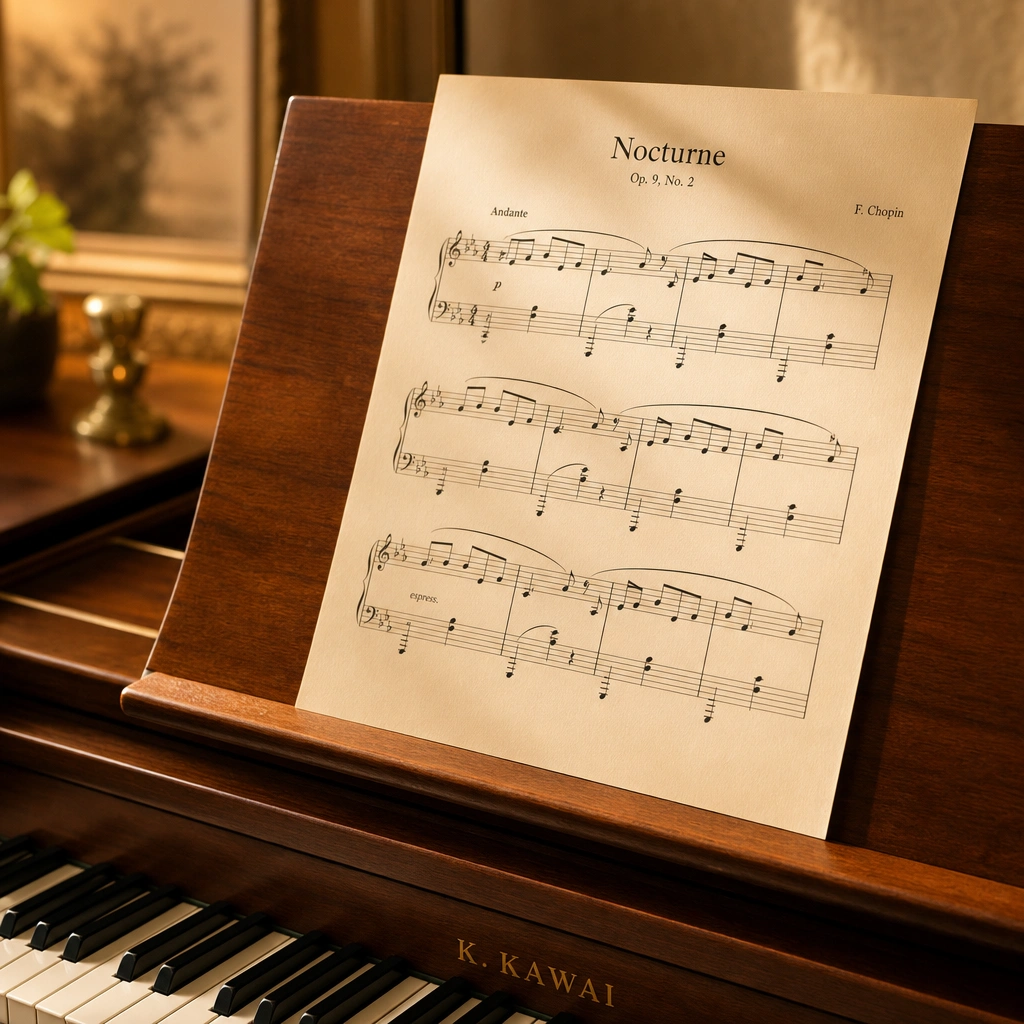 Sheet music on stand illustrating online piano lessons vs in person teaching materials