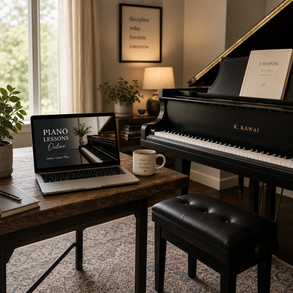 Laptop setup for online piano lessons in warm home studio environment