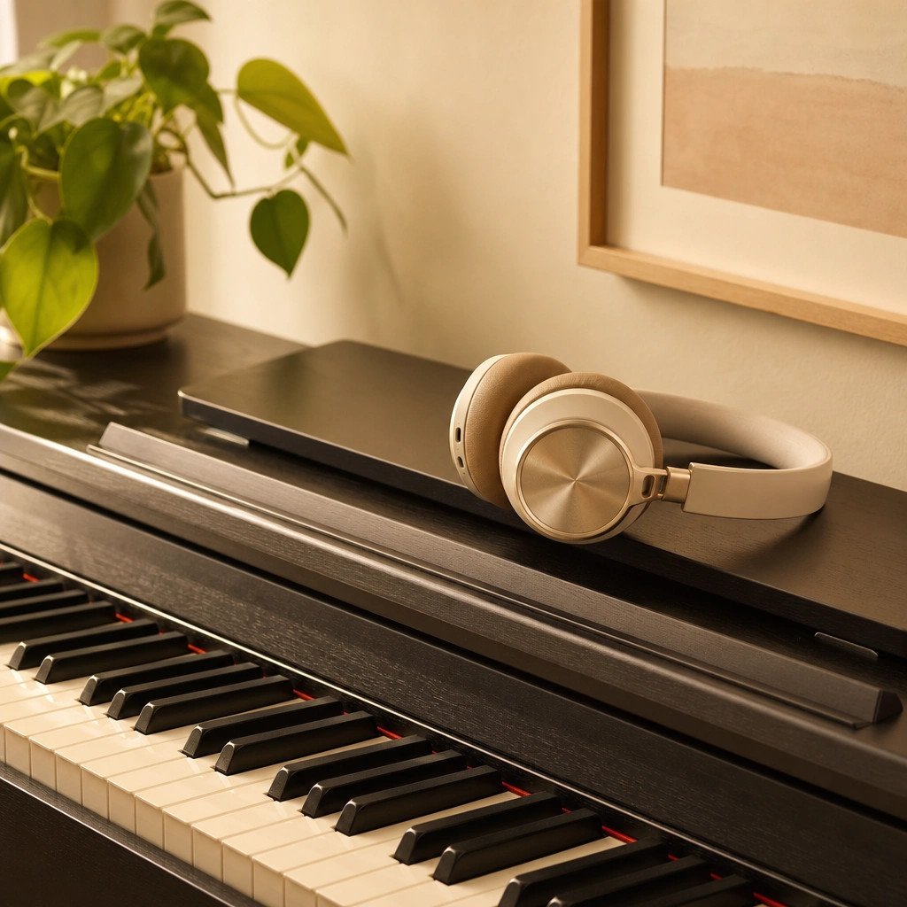 Headphones on digital piano showing flexible online and in-person lesson options
