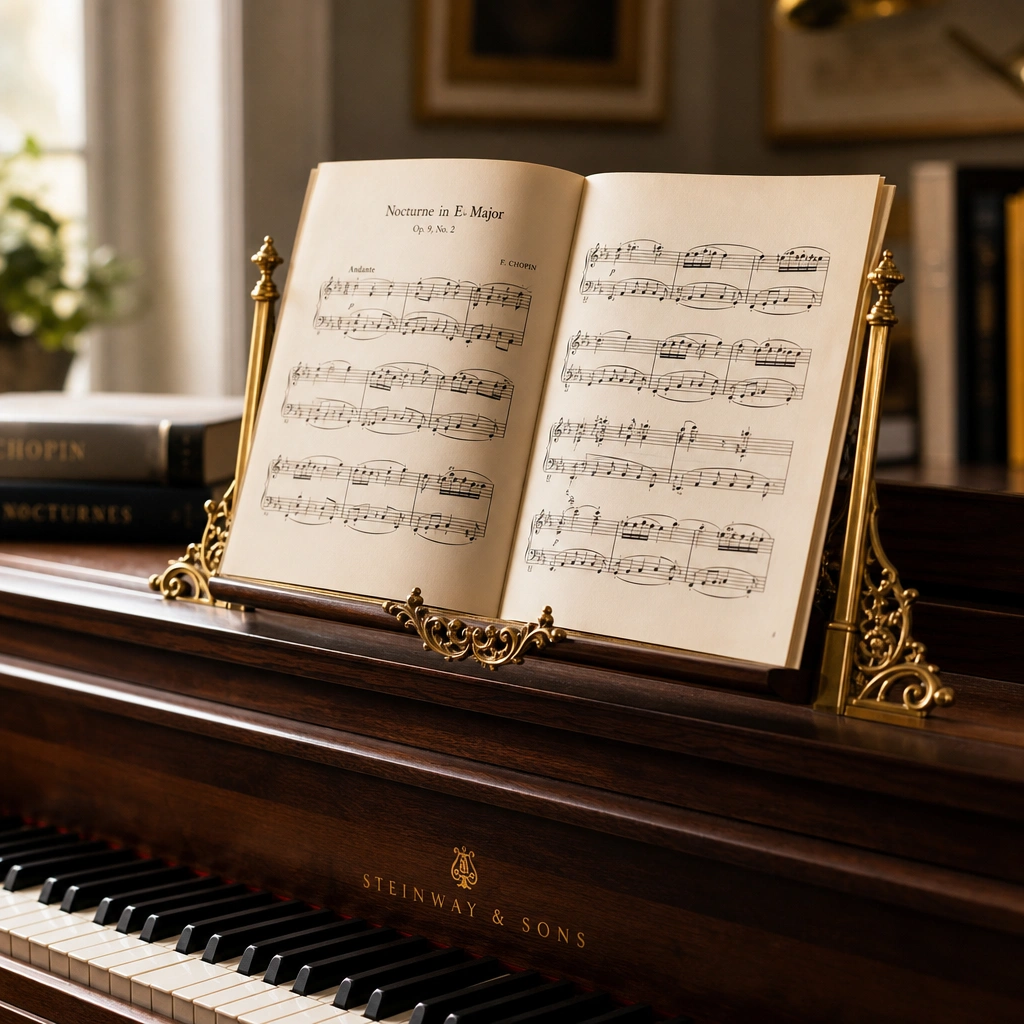 Sheet music on piano stand in a warm teaching studio