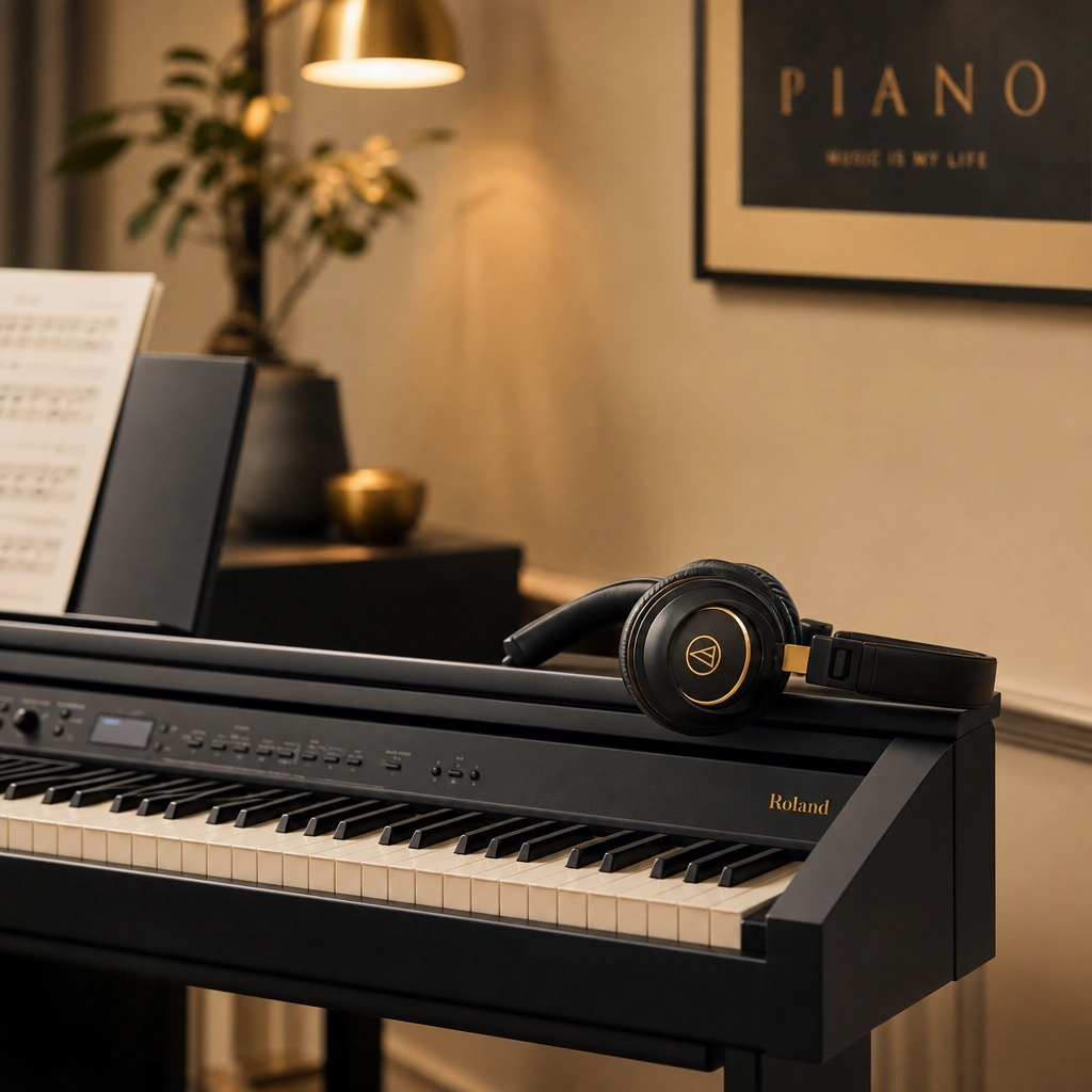 Digital piano with headphones in a cozy practice space