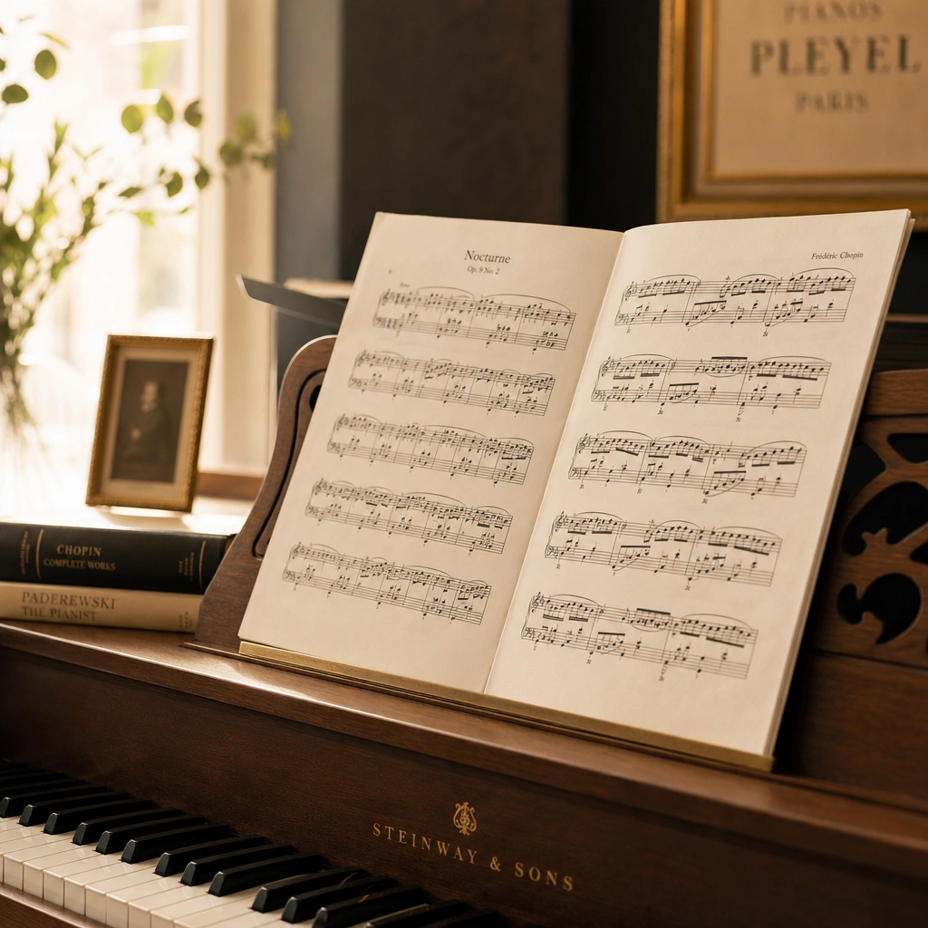 Sheet music on stand as part of piano recital preparation checklist