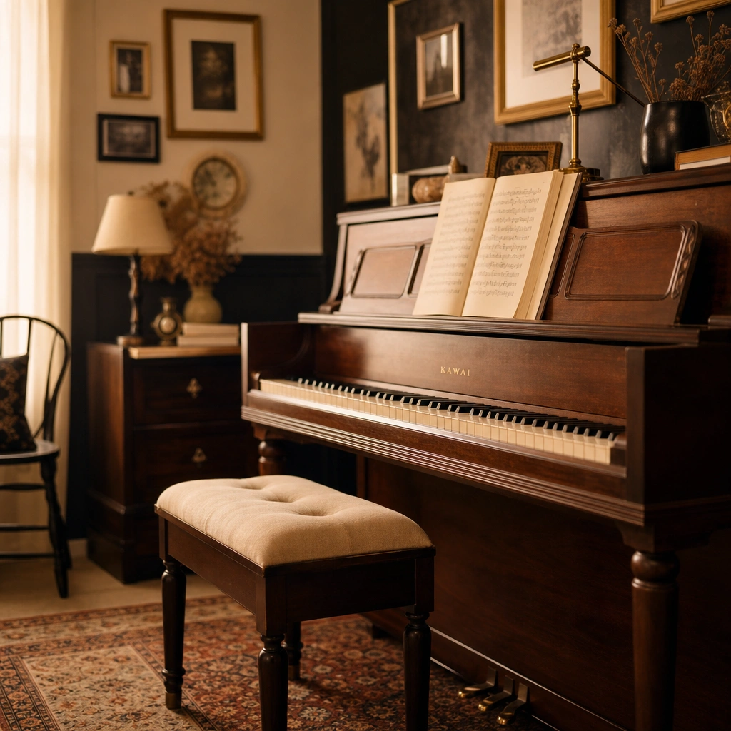 Empty piano bench in home studio during practice session