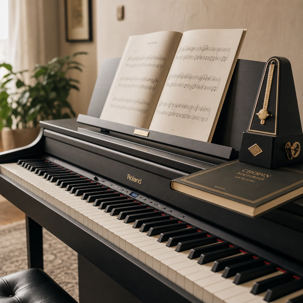 Piano with metronome and music materials ready for practice