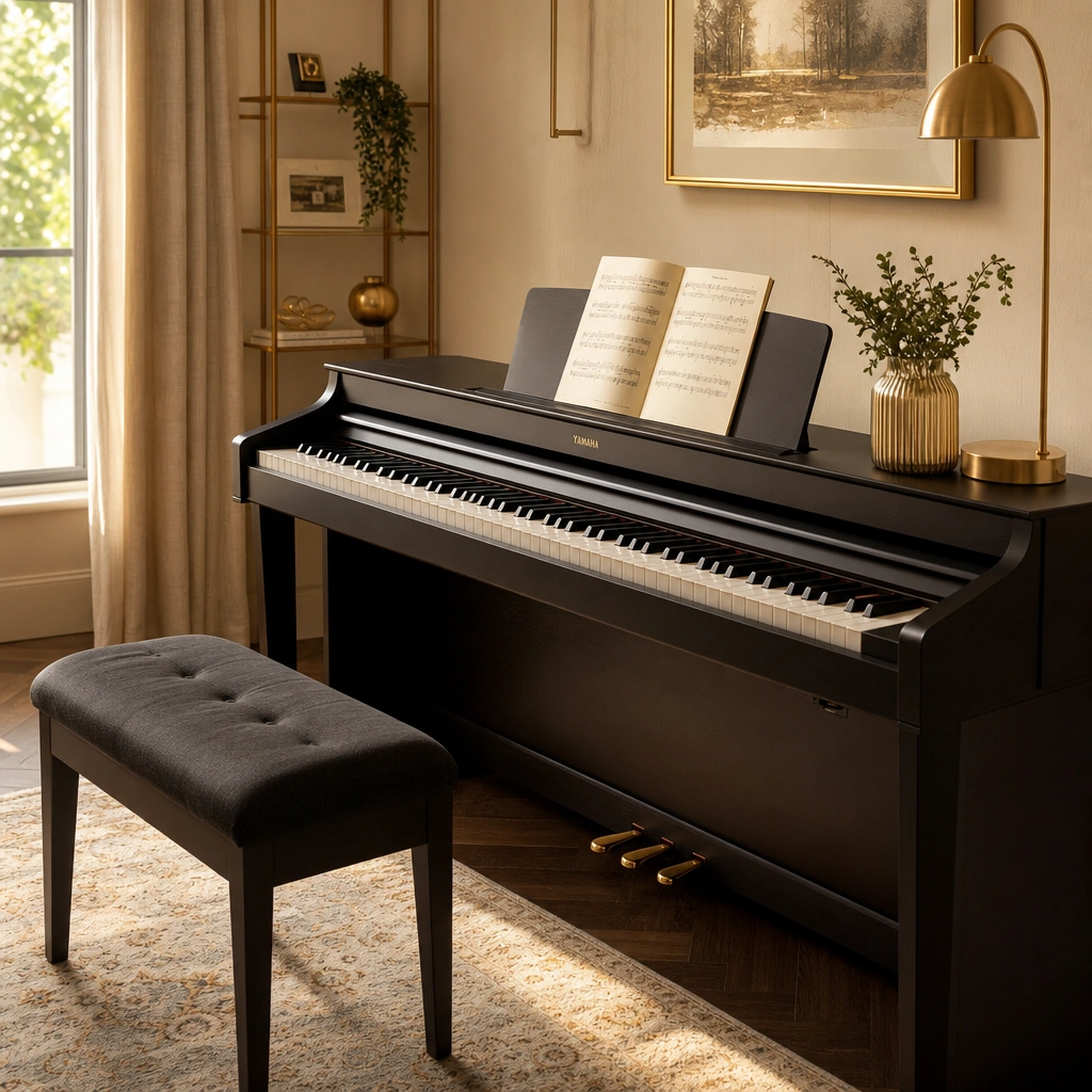 Piano vs keyboard for beginners: quality digital piano with weighted keys in warm home studio