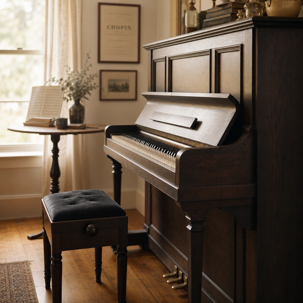 Acoustic upright piano in cozy studio setting with warm natural lighting and cream and charcoal tones
