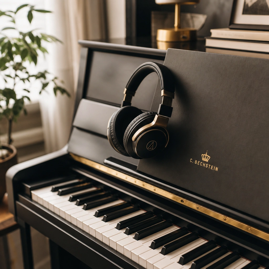 Digital piano with headphones for quiet practice in apartment, warm cozy studio aesthetic