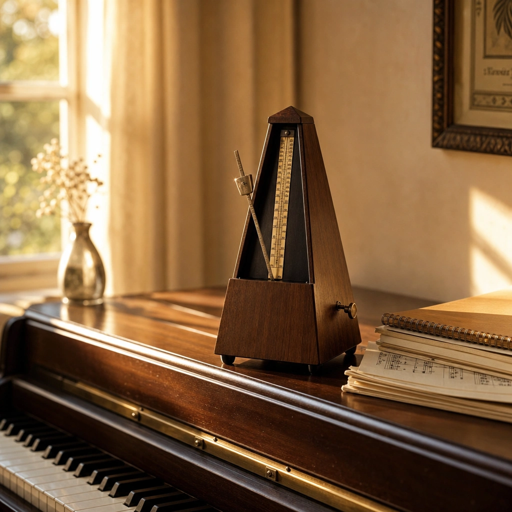 Metronome and sheet music for structured apartment piano practice sessions