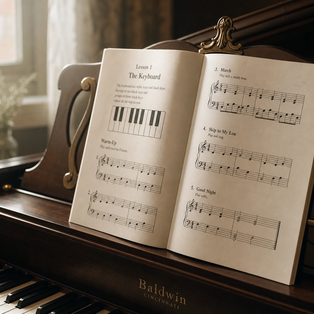 Sheet music on a stand illustrating what size keyboard for piano lessons students need to play standard repertoire