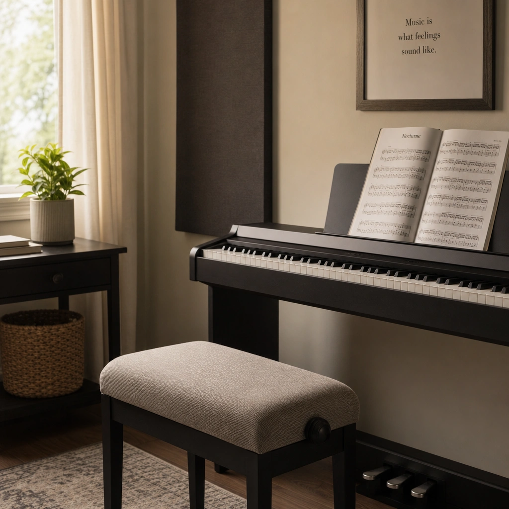 Empty piano bench and keyboard in a practice space for piano lessons