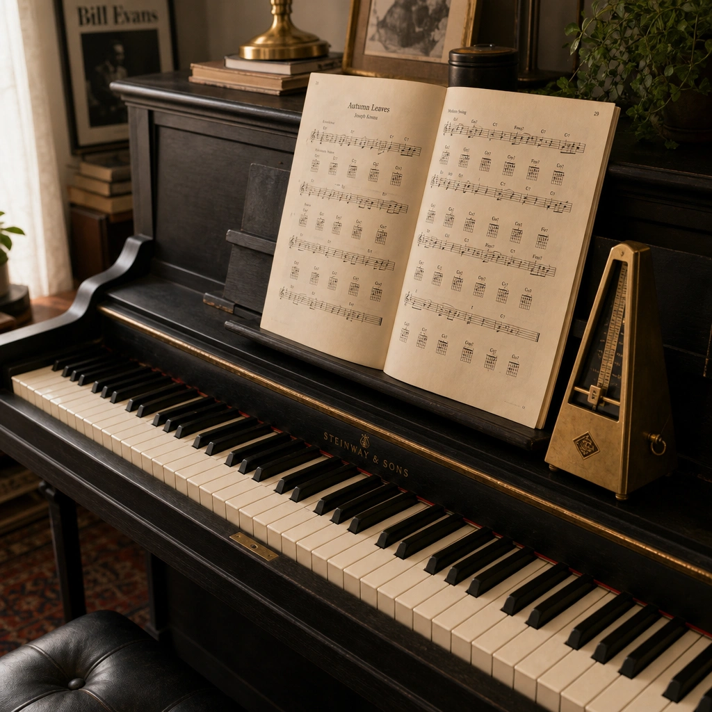 Piano keyboard and chord sheet music for practicing 12 bar blues piano