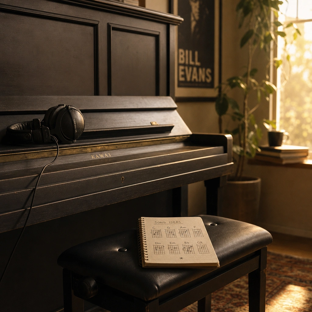 Empty piano bench with headphones and chord notebook for blues practice
