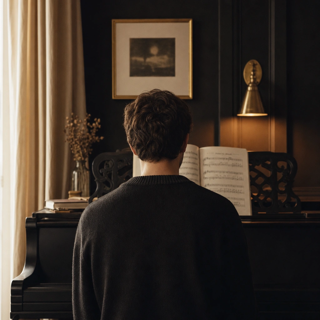 Person seated at piano practicing blues chords, viewed from behind