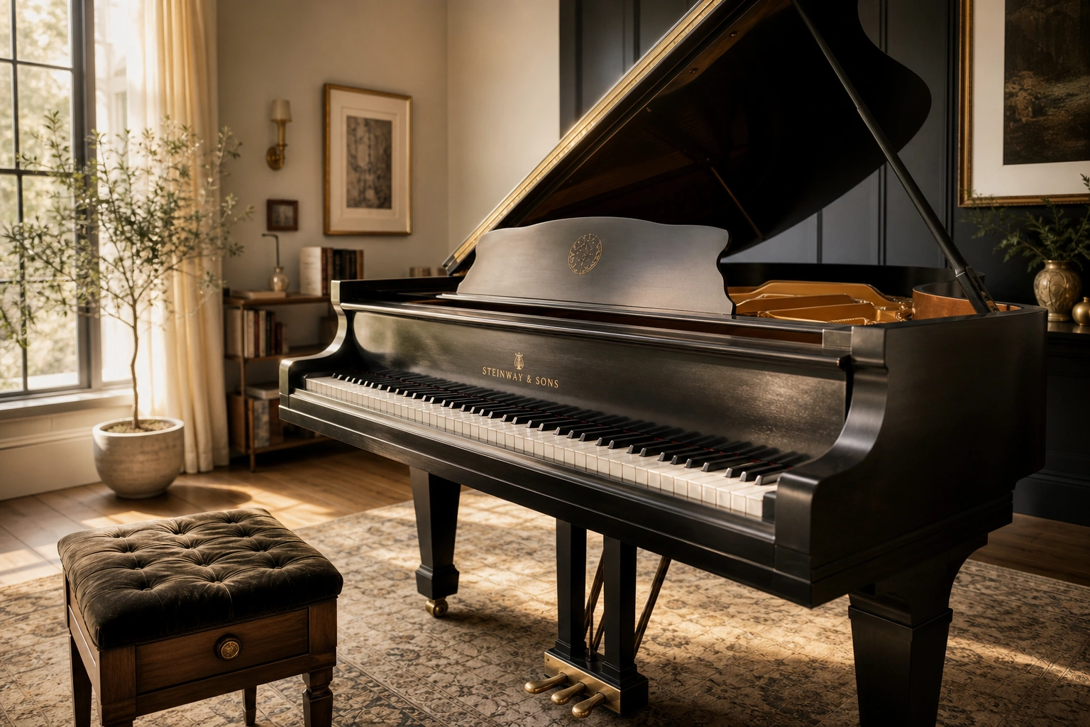 Sunlit piano keyboard set up for practicing 12 bar blues piano