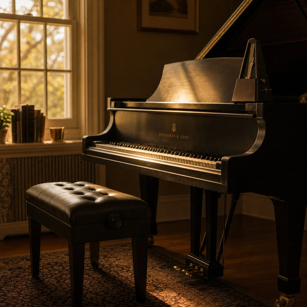 Empty piano bench and metronome showing the practice needed to learn how many piano lessons to play a song