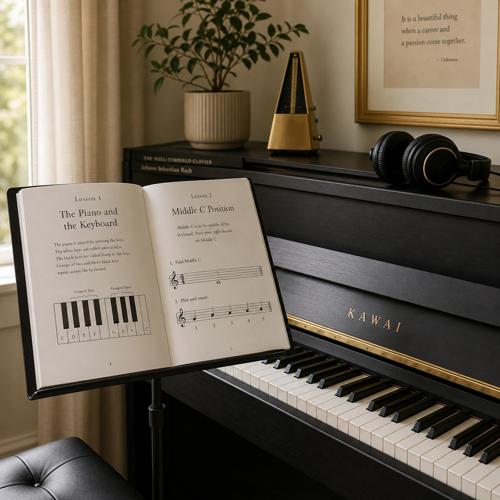 Beginner piano method book and headphones in a cozy home studio setting