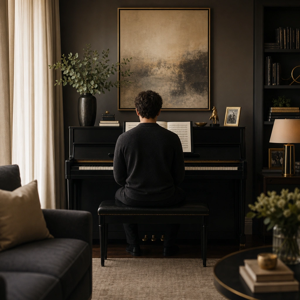 Person seated at the piano from behind in a warm, encouraging home studio