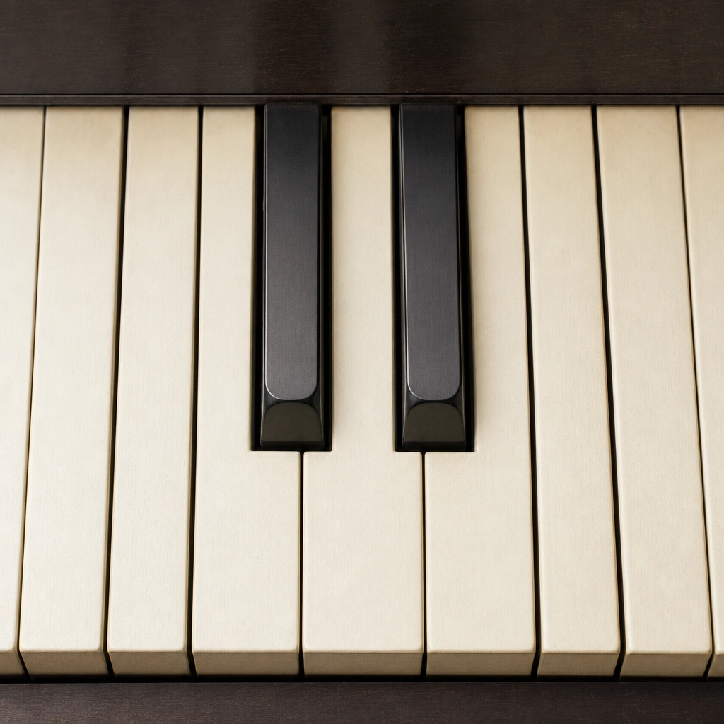 Close-up of piano keys showing the two black key pattern used to find middle c on piano