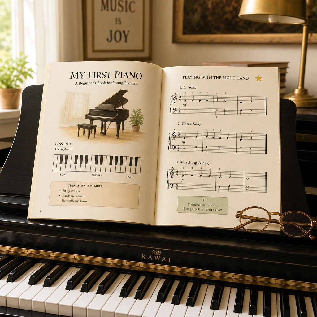 Beginner piano method book on a stand above the keyboard