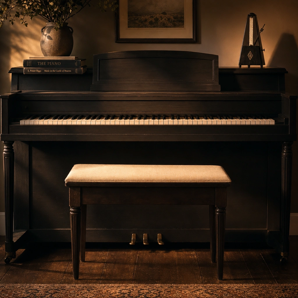 Empty piano bench and metronome in a warm studio setting
