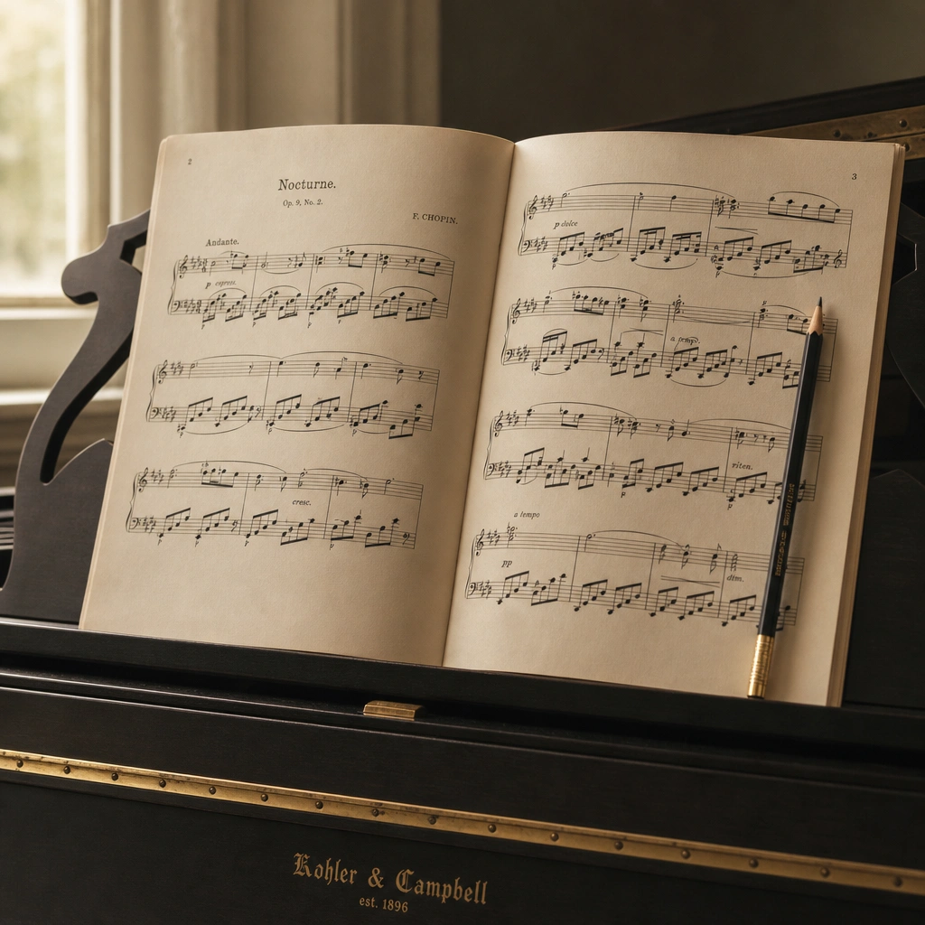 Sheet music on a piano stand showing how to practice piano effectively by isolating a trouble spot