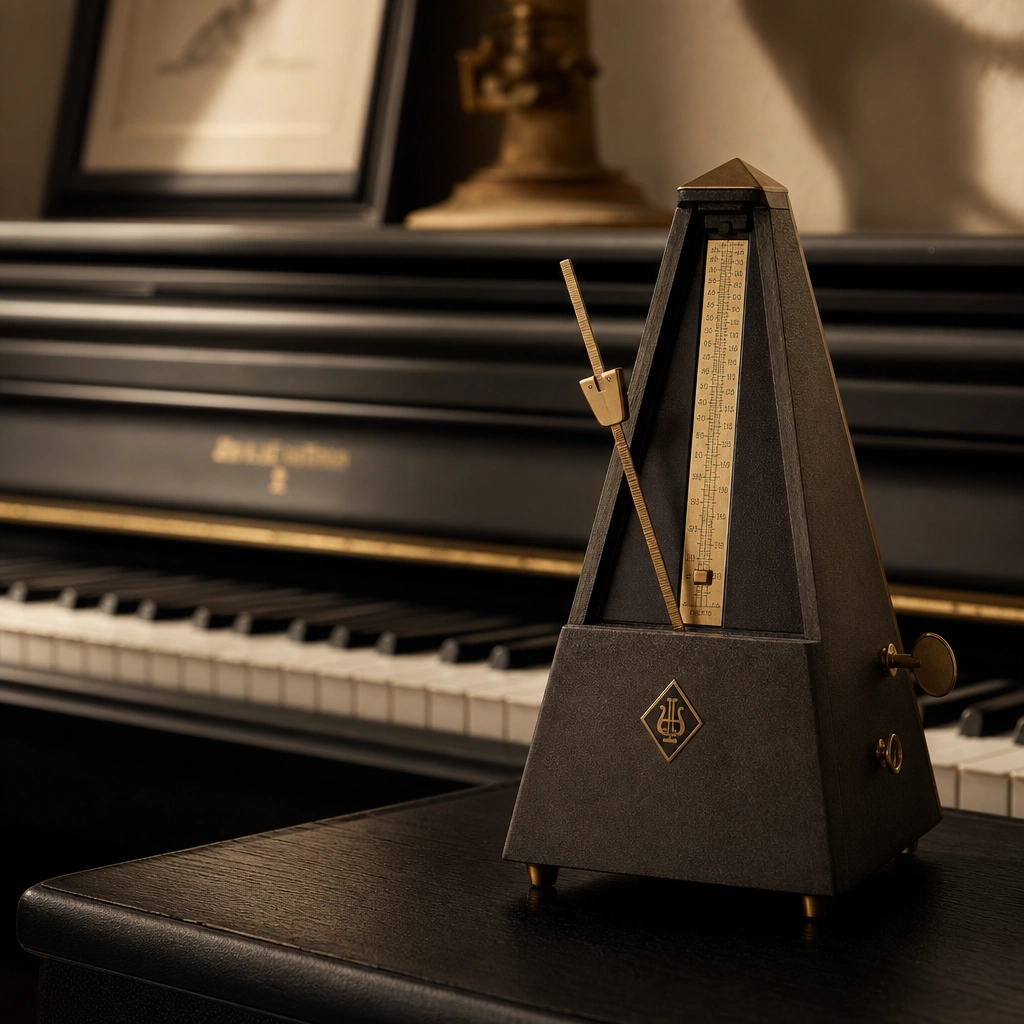 A metronome on a piano lid representing slow, deliberate piano practice technique