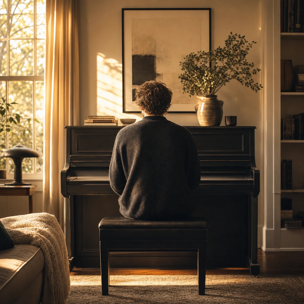 A student seated at the piano finishing a practice session on a favorite piece
